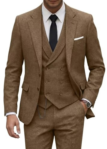 Tweed Suit for Men Wool Suits Retro Mens 3 Piece Slim Fit Blazer Jacket Vest Pants Tie Tuxedo Set for Groomsmen Prom
