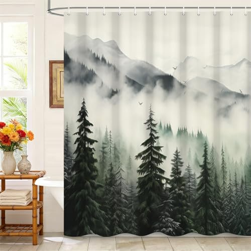 Kzzfqxb 105x160cm Rideaux de Douche Brumeux avec Crochets, Montagnes de Brume Blanche pins forêt Paysage boisé imperméable pour Le Bain, Tissu Polyester pour Baignoire de Salle