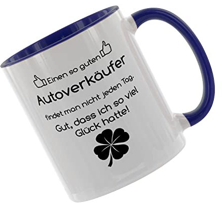 Einen so guten Autoverkäufer findet man nicht... - Kaffeetasse mit Motiv, Tasse mit Druck, auch individuell mit Spruch, Foto, Wunschtext, Wunschname (Blau)
