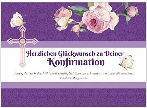 Einladungskarten Manufaktur Hamburg Glückwunschkarte Konfirmation mit Umschlag/Vintage Rosen Lila mit Kreuz/Konfirmationskarten/Karte für Glückwünsche/Feier