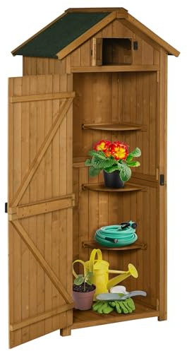 Outsunny Garden Shed Vertical Utility 3 Shelves Shed Wood Outdoor Garden Tool Storage Unit Storage Cabinet, 77 x 54.2 x 179cm - Brown