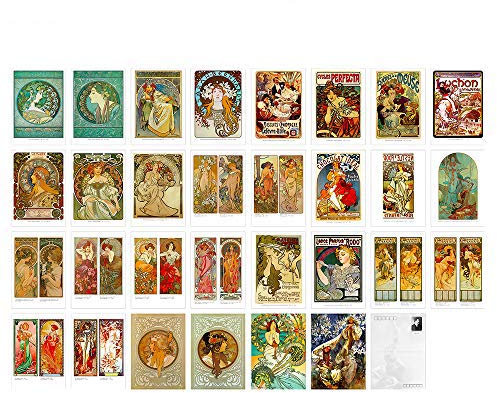 30 Karten Set Alphonse Maria Mucha Poster Vintage Postkarte Kunstdruck mit seite für Business Weihnachten Urlaub Geburtstag Postkarten