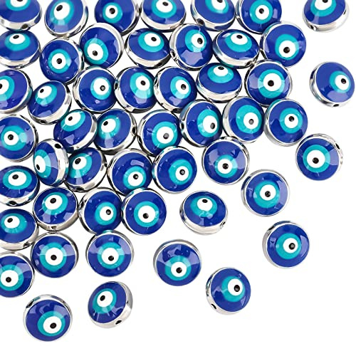 NBEADS 40~50 Stück Evil Eye Perlen, 10mm Flache Runde Blaue Augenperlen Handgemachte Emailperlen Für Armbänder Halskette Schmuckherstellung, Bohrung: 1.2 mm