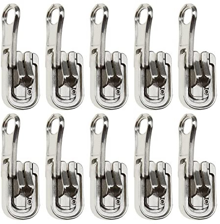 10x Kit di riparazione per cerniere lampo argento 5#, cerniere in resina di ricambio per tiranti con fermi a forma di U per tende per abbigliamento a doppia faccia 37x12mm