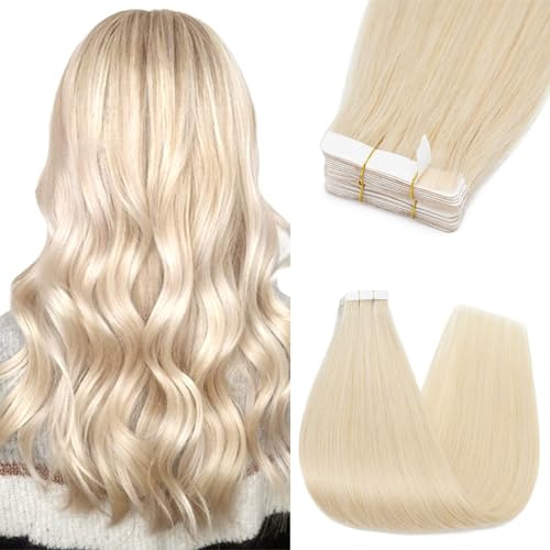 Silk-co Tape Extensions Echthaar 10 Stück 25g, Remy Tape in Extensions Haarverlängerung, Skin Weft Echthaar Haarextensions für dünnes Haar 50cm #60 Platinblond