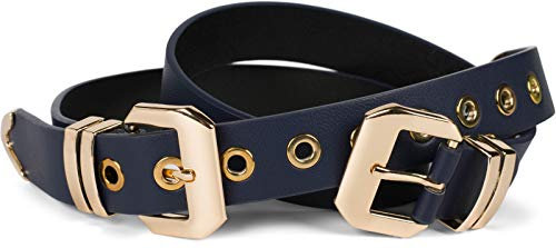 styleBREAKER Damen Gürtel mit doppelter goldener Schnalle und Lochnieten, B-Low Belt, Taillengürtel, kürzbar 03010121, Farbe:Dunkelblau, Größe:90cm