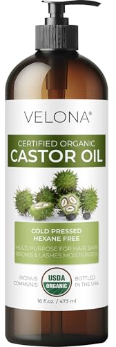 velona USDA Certified Organic Castor Oil - 16 fl oz (With Pump) | For Hair Growth, Boost Eyelashes, Eyebrows | Cold pressed, Natural Oil, USP Grade | Hexane Free, Lash Serum, Caster