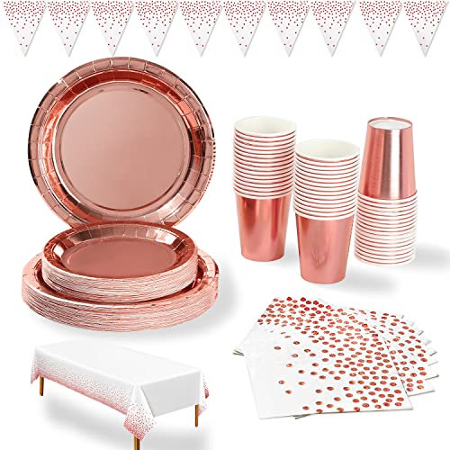 Duocute Rose Gold Partygeschirr Set 99 Stück Roségold Party Pappteller, Servietten, 9oz Pappbecher, Tischtuch, Banner, für Geburtstag, Jubiläum, Hochzeit, Bachelorette Party (24 Gäste)