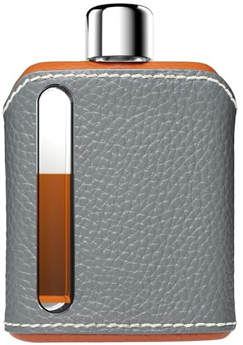 Ragproper Moderner Flachmann aus Glas – robuster Flachmann mit Lederbezug für Whiskey, Spirituosen und andere Liköre – ideale Glasflasche für Männer und Frauen (Einzelschuss 100 ml, Ledergrau und