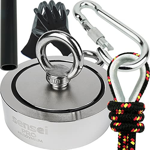 SENSEI Set 350 kg, Doppelseitiger N52 Neodym-Magnet mit 2 Ösen, Ø9,4 x H2,8 cm, Segelseil 25 m, Schutzhandschuhe + Zubehör