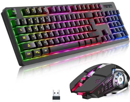 Kabellose RGB-Gaming-Tastatur und Maus, wiederaufladbare Tastatur-Maus mit Hintergrundbeleuchtung, Lange Akkulaufzeit, Gaming-Tastatur mit 7 Farben, kabellose Gaming-Maus für Spiel und Arbeit