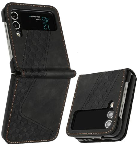 OKZone Kompatibel mit Samsung Galaxy Z Flip 4 Hülle, Handyhülle Samsung Z Flip 4, PU Leder Tasche Schutzhülle Flip Cover Klappbar Klapphülle Etui mit Silikon Bumper 360 Grad Lederhülle (Schwarz)
