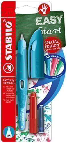 STABILO - Schulfüller ergonomisch für Rechtshänder mit Standard-Feder M - EASYbirdy 3D Wildlife Special Edition in blau - inklusive Patrone und Einstellwerkzeug