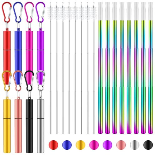 Zubebe 8 Stück faltbare tragbare wiederverwendbare Trinkhalme aus Edelstahl, Regenbogenfarben, Reise-Strohhalm, Silikon-Strohhalmspitze, lange Reinigungsbürsten und Schlüsselanhänger