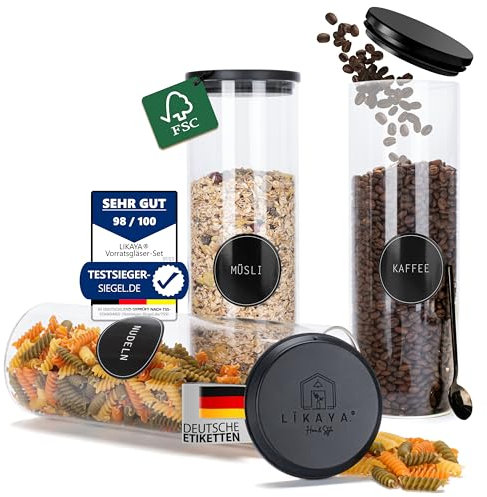 LIKAYA® Vorratsgläser 3er-Set – 2000ml Glasbehälter mit FSC® Pinienholz-Deckel | Inkl. Metalllöffel, Etiketten & Stift – Perfekt für stilvolle und luftdichte Lebensmittelaufbewahrung