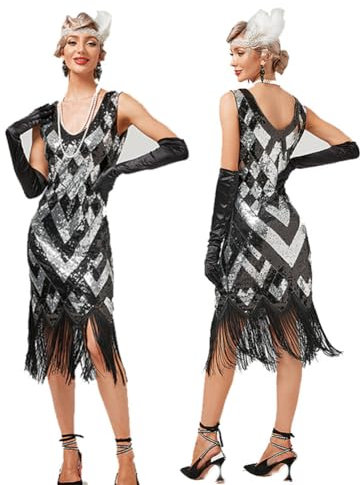 Damen 1920er Jahre V-Ausschnitt Pailletten Fransen Kleid Flapper Charleston Kleider Cocktailkleid Partykleid Gatsby Pailletten Quasten Abendkleid 20er Jahre Kost?m AbschlussballKleid Schwarz Silber L