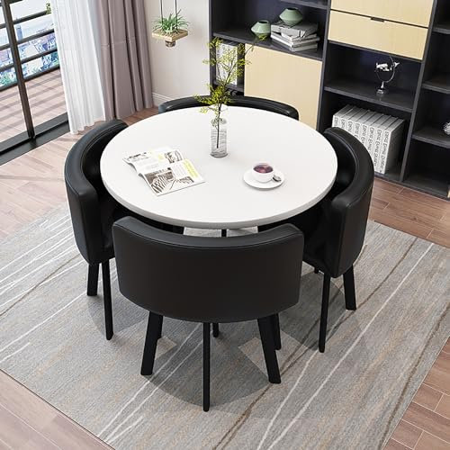 Runder Esstisch mit 4 Stühlen Set, Küche Esstisch Set für 4, Esstisch Set, Besprechungstisch mit Stühlen, Kleine Konferenzraum Tische Tisch und Stuhl Set Sparen Platz ( Color : Carbon black-round-leat