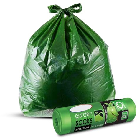 Set 10 Sacchi Resistenti per Rifiuti da Giardino - Set Sacchi da Giardinaggio con Manici, in Plastica, 50lt, 89x120cm, Verde