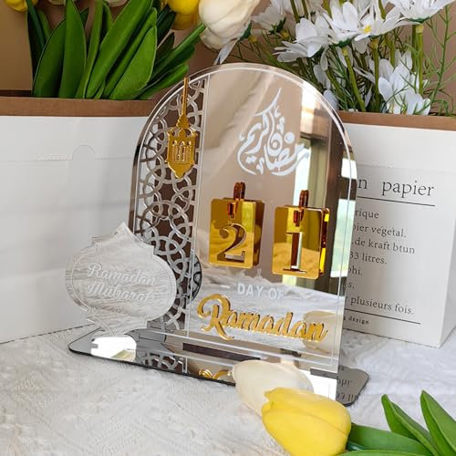 Ramadan Adventskalender, Ramadan Kalender Aus Acryl Eid Mubarak Kalender 31 Tage Countdown Ramadan Kalender Eid Mubarak Dekoration DIY Ramadan Aus Acryl Countdown-kalender Für Zuhause (Silver)