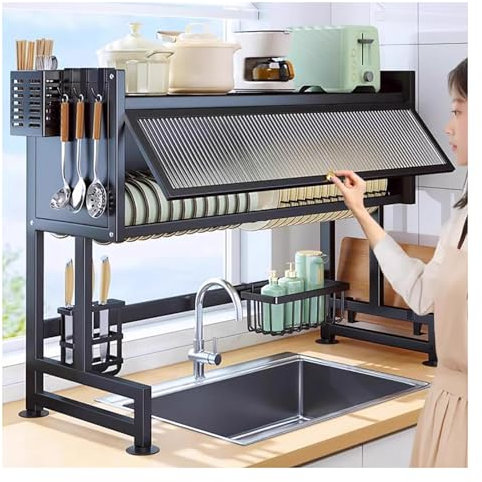 lirrebol Escurridor de Platos sobre Fregadero con Tapa | 2 Niveles en Acero Inoxidable Negro, escurre y Seca Platos, tazones, Vasos, ollas, sartenes, Utensilios y Cubiertos.