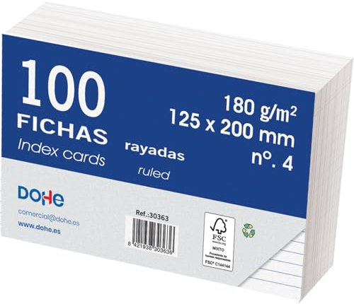 Dohe - Fichas Rayadas de Cartulina (100 uds.) - Tarjetas para Escribir Notas, Tamaño 20x12,5 cm, 180 gr/m², N.º 4, Material de Oficina - Color Blanco
