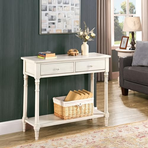 PADMA HOUSE Konsolentisch mit 2 Schubladen, Kleiner Sofatisch mit Ablageflächen, Eingangstisch Flurtisch für Wohnzimmer, Büro 90 * 35 * 76,5 cm (Retro Weiß)