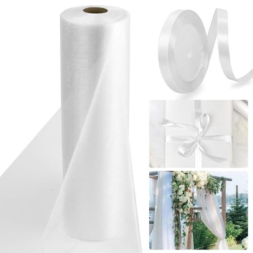 LPAMABA 50m x 30cm Weiss Organza Rolle Transparent Organza Tischläufer Tüllstoff Tüllrolle Organza Tüll Organza Stoff für Hochzeit Dekorativer Stoff Tuch Tischdekoration DIY Crafts Sheer Stoff