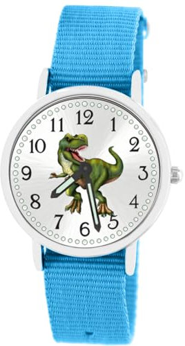 Brecjon Kinder Armbanduhr Jungen Jungenuhr Kids Dinosaurier T Rex Leuchtzeiger 5ATM Wasserdicht Textil Armband hellblau 5108
