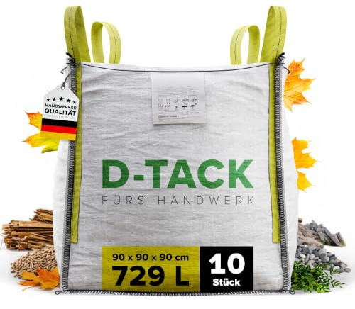 D-TACK 10x Big Bag | 90 x 90 x 90 cm | Säcke für Bauschutt, Holz, Laub, Kies, Sand, Erde, Gartenabfall, Grünschnitt, Pellets | 4 Schlaufen für Kran & Stapler | 1.500 kg | Witterungsbeständig