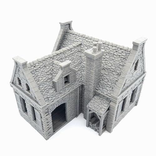 QP3D - Wargaming Stone House Model Terrain, Scenery for Tabletop Game 28-32mm Scale, 16-20 Century Medieval European Building for RPG 2WW Railway Modelling Movable Doors 3D Paintable (28mm)
