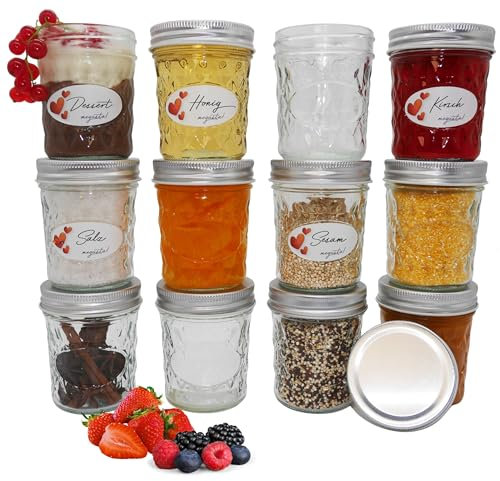 megusta!® 12 Einmachgläser mit Diamantmuster | 200 ml | Deckel silberfarben | Marmeladengläser, Dessertgläser, Babygläschen, Joghurtgläser | für Hochzeit, Geburtstag
