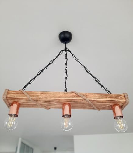 Solenzo - Lustre suspension en bois corde et cuivre - style industriel campagne chic - 3 ampoules E27