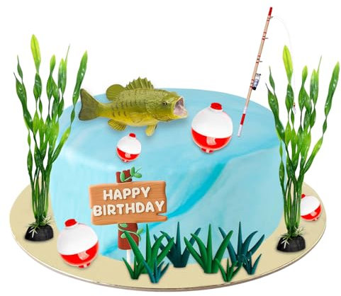 Hengrongshen Angeln Tortendeko Set, 17 Stücke Fishing Torten Zubehör mit Barsch Fisch, Angelrute, Wasserpflanzen, Gone Fishing Kuchendekoration Perfekt für Angel-Liebhaber, Geburtstage