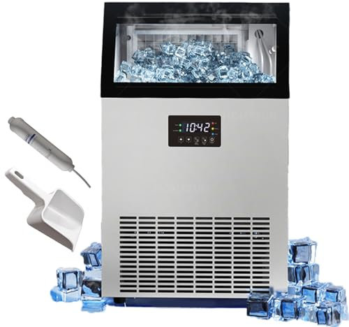Commercial Ice Maker, 50kg/24h Large Capacity, Freestanding Stainless Steel with Filter and Scoop for Restaurant Home Bar Kitchen