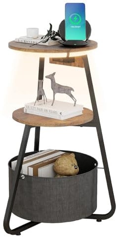 ARTETHYS Side Table with Charging Station, Small Round Coffee Table with 3 Colour LED Lights and Storage Basket, End Table with 3 Tier Shelves, Bedside Sofa Side Tables for Living Room Bedroom