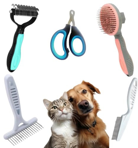 Set de Cuidado para Mascotas, Kit de Cepillos para Perros y Gatos – Juego de Aseo 5 en 1 | Cepillo Quitapelo, Peine Deslanador, Cepillo de Limpieza Automática para Pelo Corto y Largo