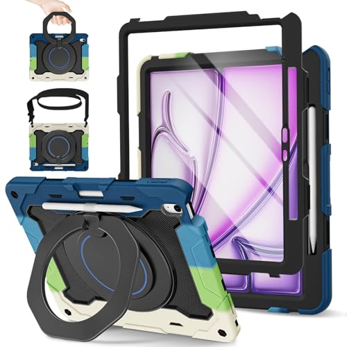 ROISKIN for iPad Air 13 Inch Case M4/M3/M2(2026/2025/2024) with HD Screen Protector,360° Rotating Stand,Pencil Holder,Shoulder Strap,Heavy Duty Shockproof Kids Case for iPad Air 13 Inch,Black-Blue