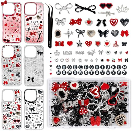 FYSUIMU Junk Phone Case Charm Kit with Y2K Cool Aesthetic Bows Stars Hearts Round Letter Beads Rhinestones Red Black Flat-Back Resin Charm Bulk for Customizing Cases