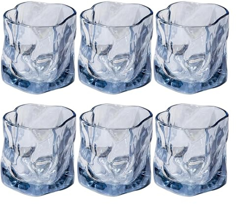 Haayymo Glasses Set of 6, 200 ml, Irregular Crystal Whiskey Glasses, Water Juice Tumbler Tilted Scotch Glass, Modern Look Glassware for Bourbon/Rum/Bar Tumbler (Blue)