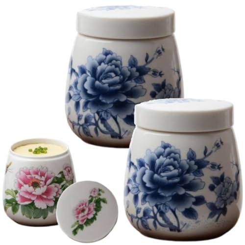 Coddled Eierbecher, 2-teiliges Eierkocher-Set mit Deckel, Vintage-Stil, Keramik-Kocheier, 220 ml Porzellan, gedämpfte Eierschale, Retro-Chawanmushi-Dessertgeschirr für den täglichen Gebrauch (D)