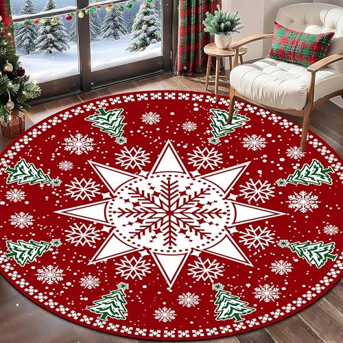 YJDRUG Großer runder Weihnachts-Teppich 200cm, rote Schneeflocken- und Baum-Aufdruck, rutschfeste Akzent-Teppich, waschbare Bodenmatte für Wohnzimmer, Schlafzimmer