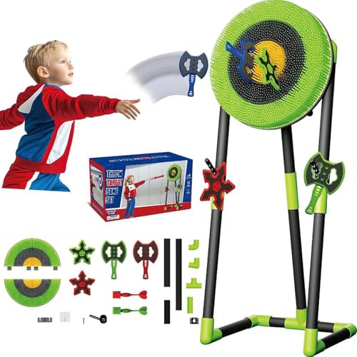 UIHECTA Jeu De Lancer De Haches D'ExtéRieur, Kit De Lancer 3 en 1, Comprend 2 Haches, 2 Cibles Et 2 FléChettes à Six éToiles, Jeu De FléChettes sur Gazon pour Toute La Famille,Vert,Round