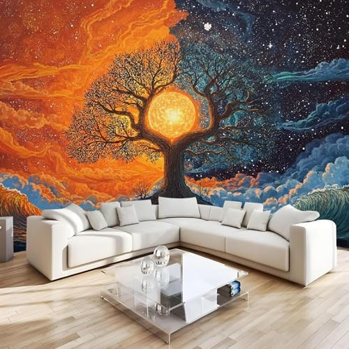 Fototapete Baum Des Lebens Sternenhimmel 200x140 cm Vlies Wandtapete Tapete 3D Effekt Runen Wandtattoo moderne Wand Schlafzimmer Wohnzimmer
