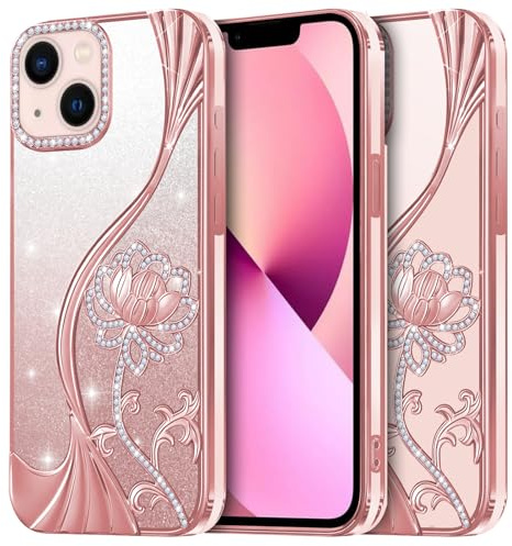 LEVIOSA for iPhone 13 Case 6.1 Inch, Glitter Rhinestone Bling Lotus Cover for Women Girls, Soft TPU Shockproof Bumper with 2 Interchangeable Glitter Inserts Pink