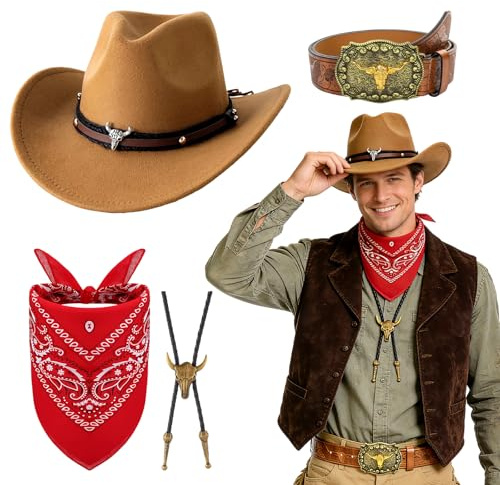 Beamely Cowboy Kostüm Zubehör Set, 4-teiliges Western Outfit Kit mit Braunem Hut, Paisley Bandana, Gürtel, Bolo Halskette für Herren Cosplay Party