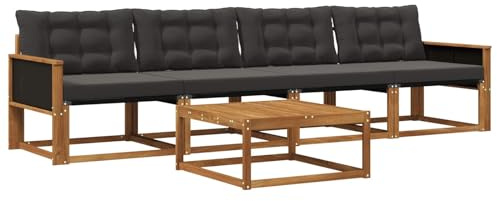 vidaXL Outdoor-Sofagarnitur mit Kissen 5 pcs Natürlich und Schwarz, Garten, modernes Outdoor-Sofa, Lounge-Set für die Terrasse, stylisches Möbel, bequemes Sitzen
