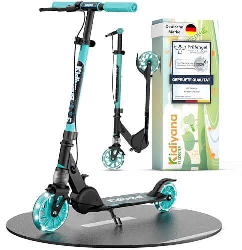 Kidiyana Kinderroller Scooter ab 5 Jahren bis 50 kg – Tretroller für Jungen & Mädchen mit 120 mm PU-Leuchträdern, ABEC-5 Kugellager, Handbremse & Stoßdämpfung, klappbar & höhenverstellbar