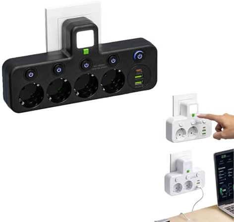 Multiprise multifonctionnelle sans Fil avec veilleuse, Interrupteur général, 2/3/4/5 Prises + 1 Port Type-C + 2 Ports USB (Noir,Prise 4 Trous)