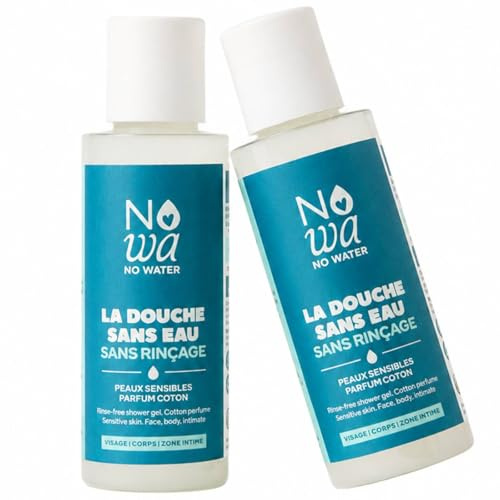NOWA NO WATER Gel Douche Sans Rinçage Pack de 2 x 100 ml – Douche Sans Eau Visage, Corps, Mains et Zones Intimes – Nettoyant Nomade Vegan, 99% d’Origine Naturelle, Eau de Pomme BIO Upcyclée