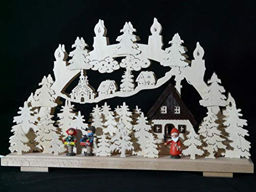 Rudolphs Schatzkiste Schwibbogen mit Weihnachtsmann Striezelkinder und Beleuchtung BxHxT 50x31x7cm NEU Lichterbogen Fensterbogen Spitzbogen Erzgebirge Seiffen Weihnachten Licht Holz Dekoration